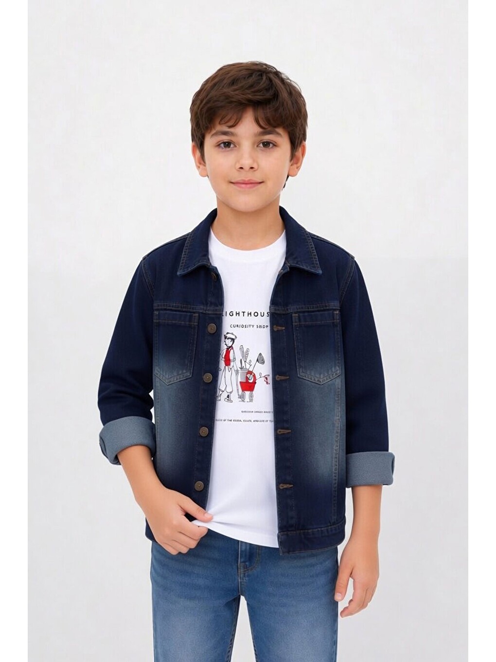 Lacivert Baskılı Tişörtlü Erkek Çocuk Jean Gömlek Takımı 24163-3
