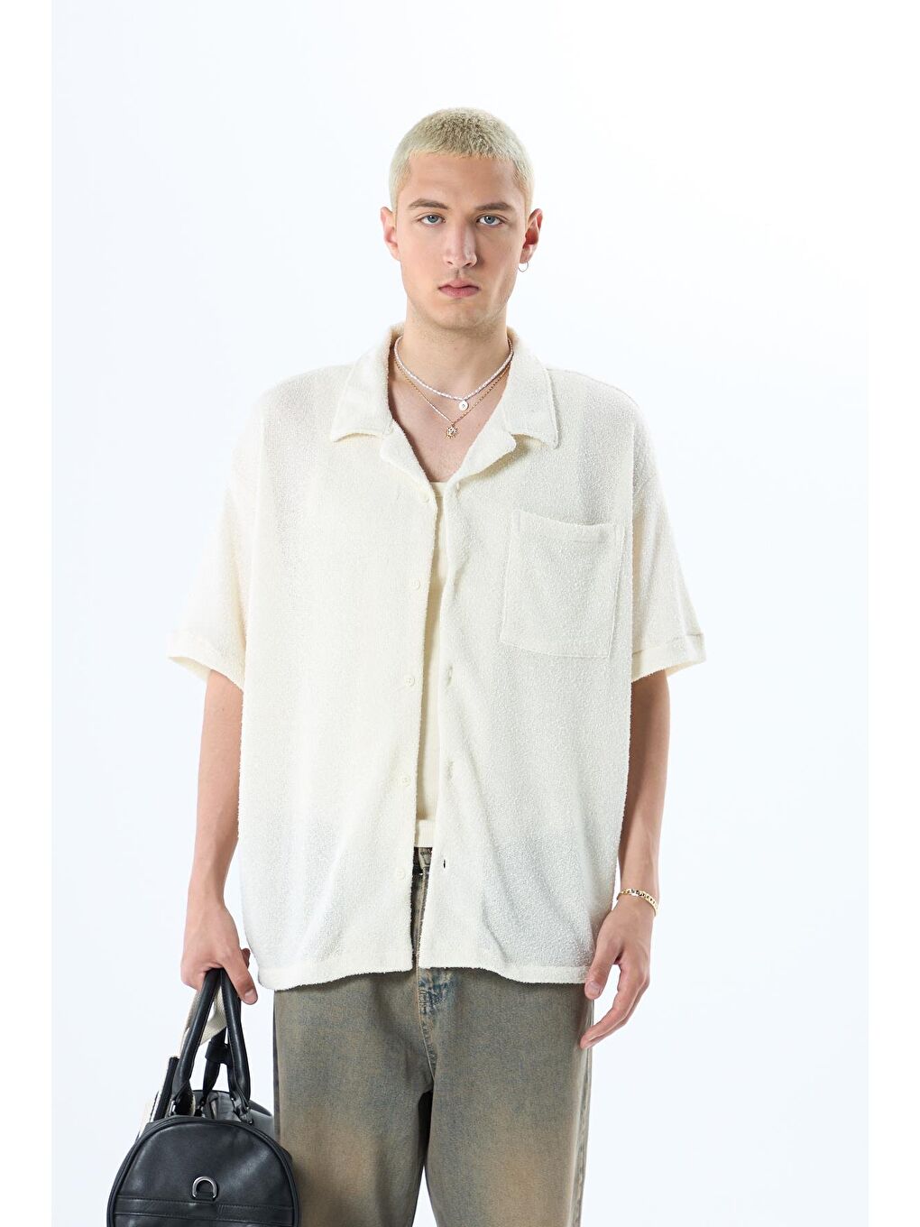 Oversize Havlu Kumaş Kısa Kol Tek Cep Gömlek Ekru-2