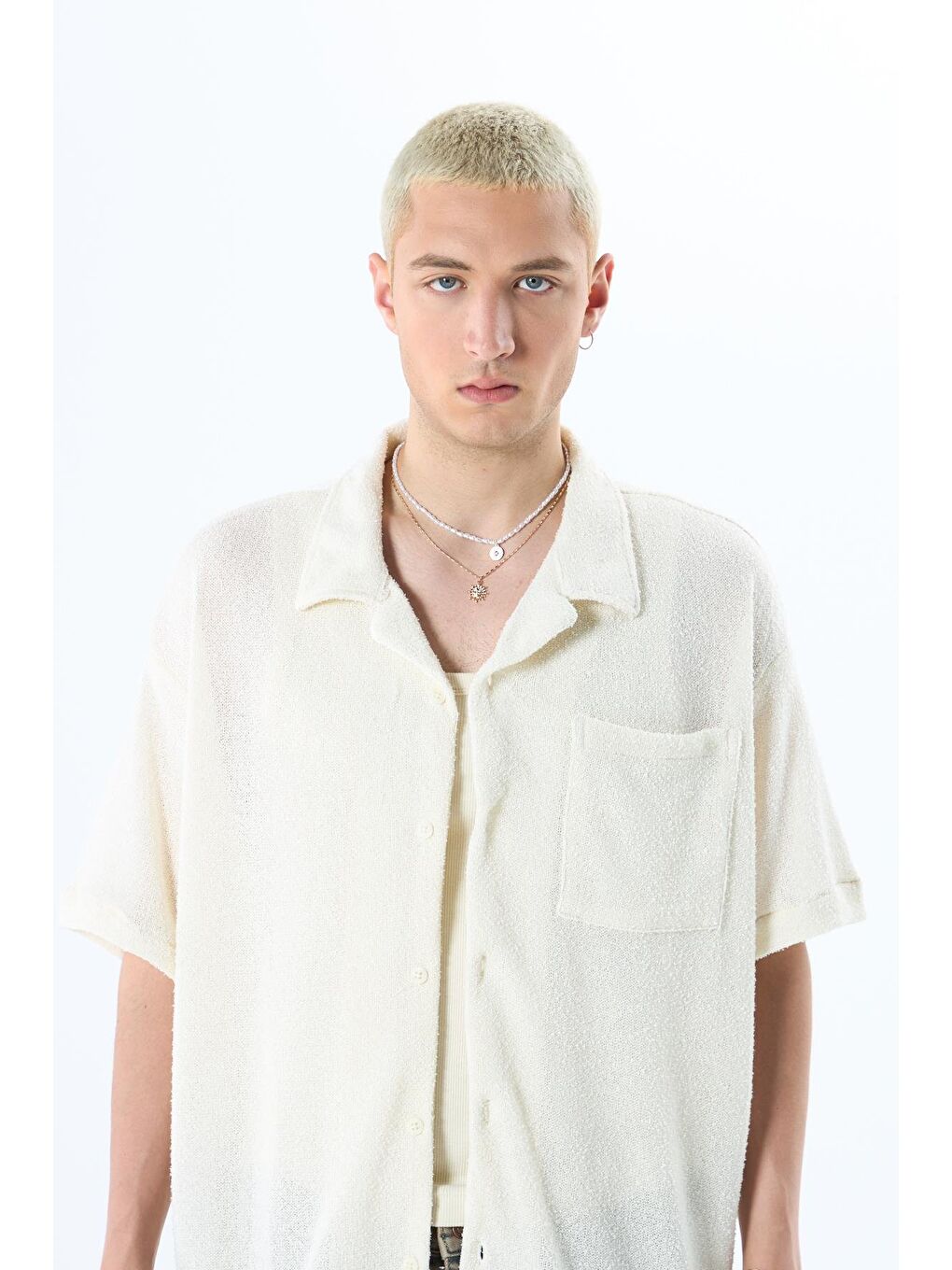 Oversize Havlu Kumaş Kısa Kol Tek Cep Gömlek Ekru-3