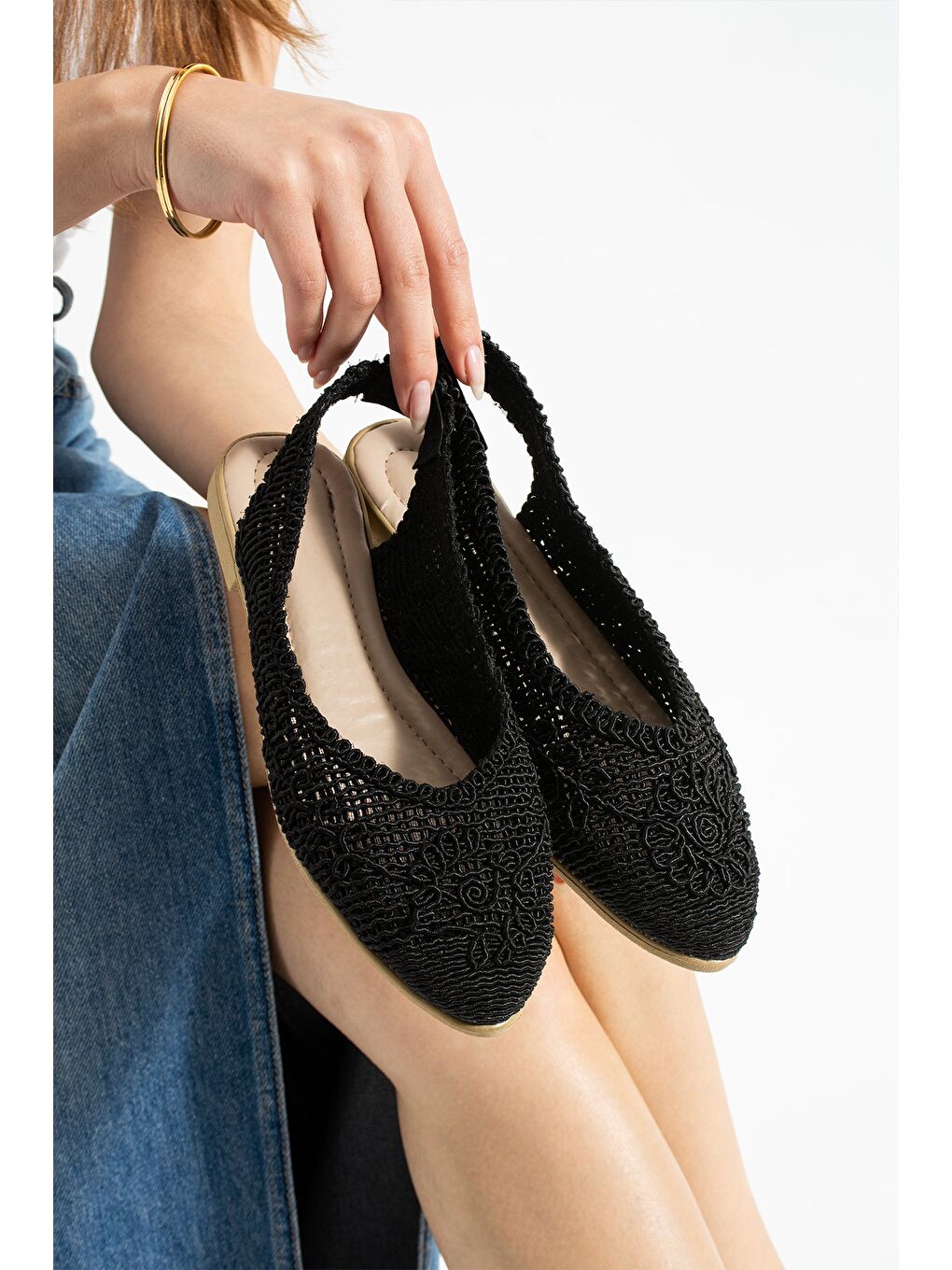 Siyah ELORA Hasır Dantel Babet Kadın Sandalet Yazlık Rahat Ayakkabı-1