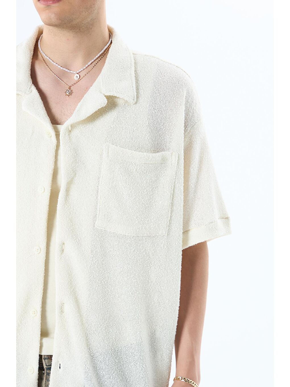 Oversize Havlu Kumaş Kısa Kol Tek Cep Gömlek Ekru-4