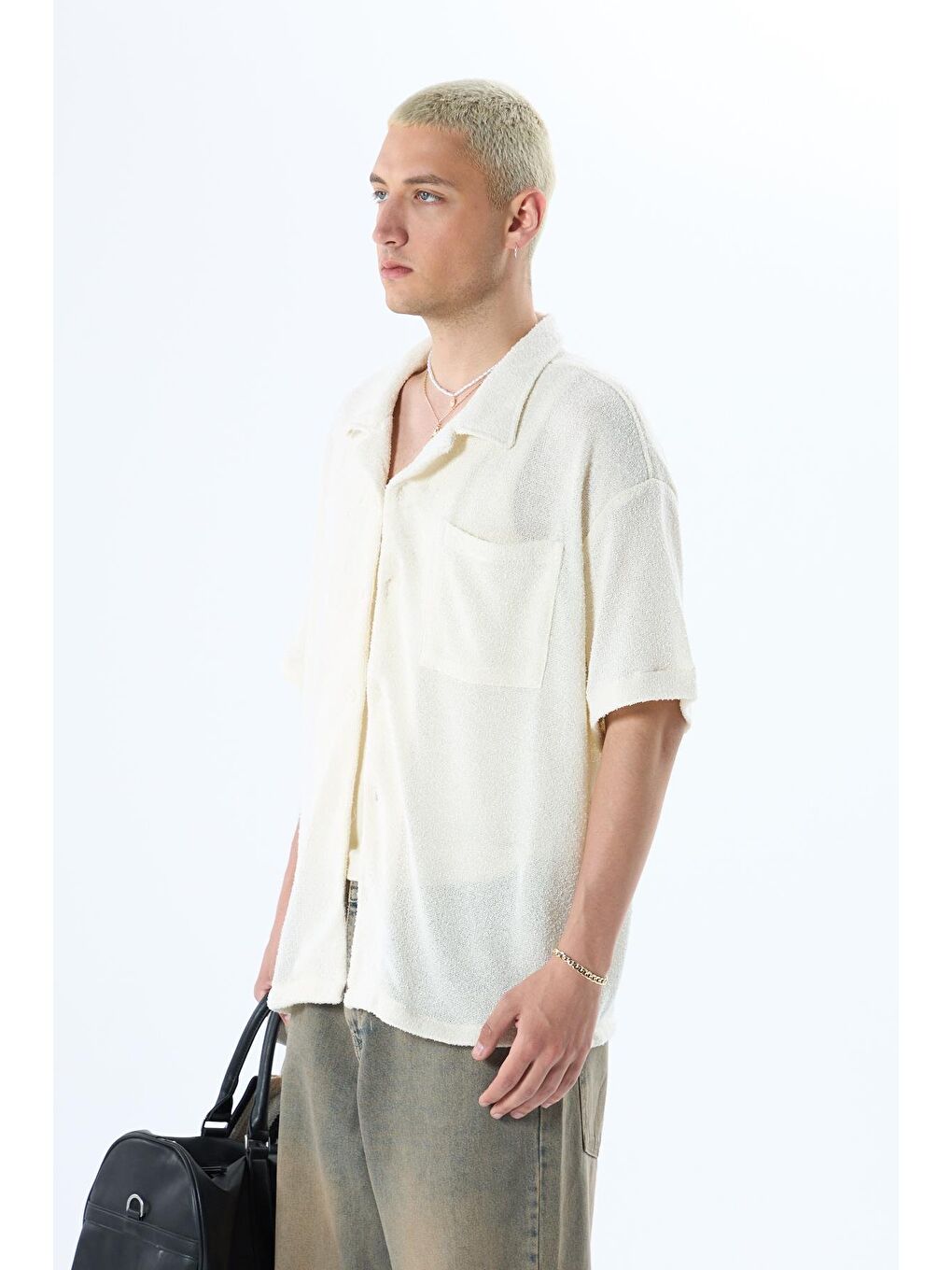 Oversize Havlu Kumaş Kısa Kol Tek Cep Gömlek Ekru-5