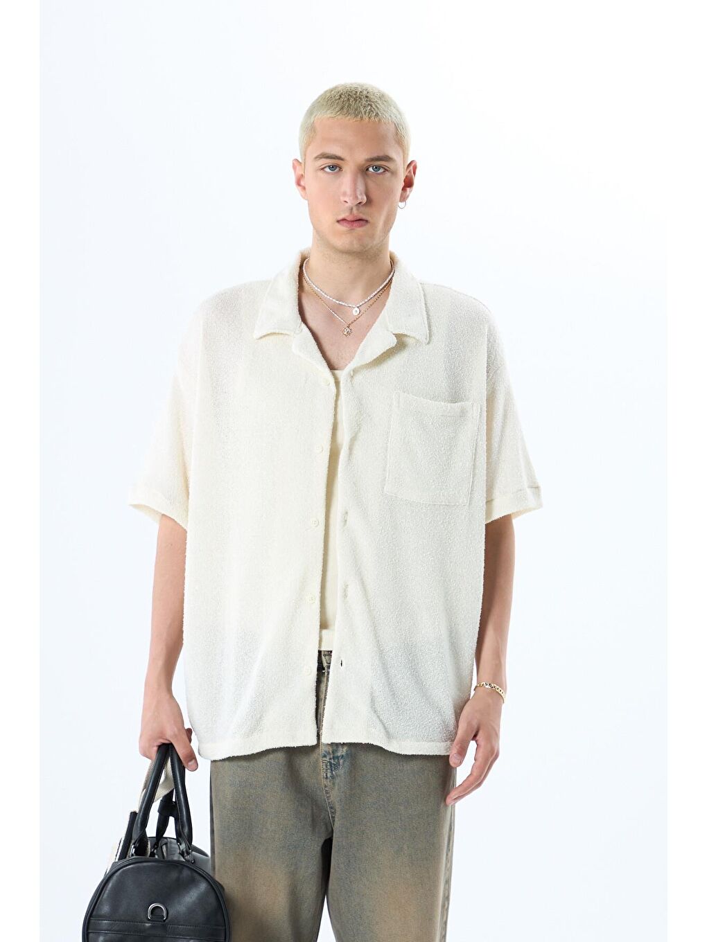 Oversize Havlu Kumaş Kısa Kol Tek Cep Gömlek Ekru-7