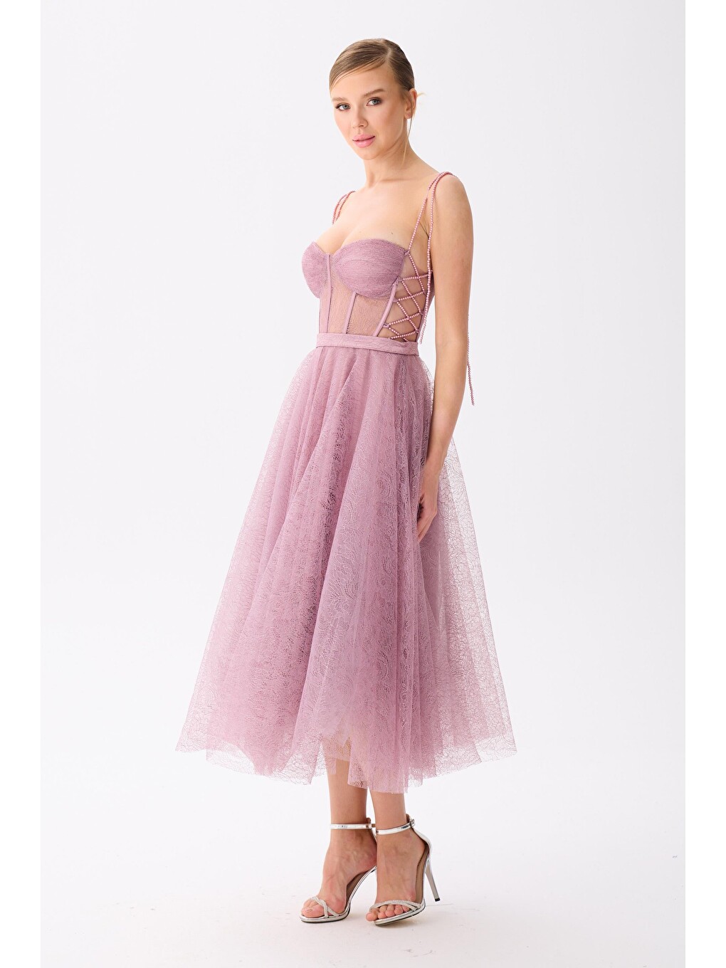 Lila Lavanta Midi Dantelli Abiye Elbise-4