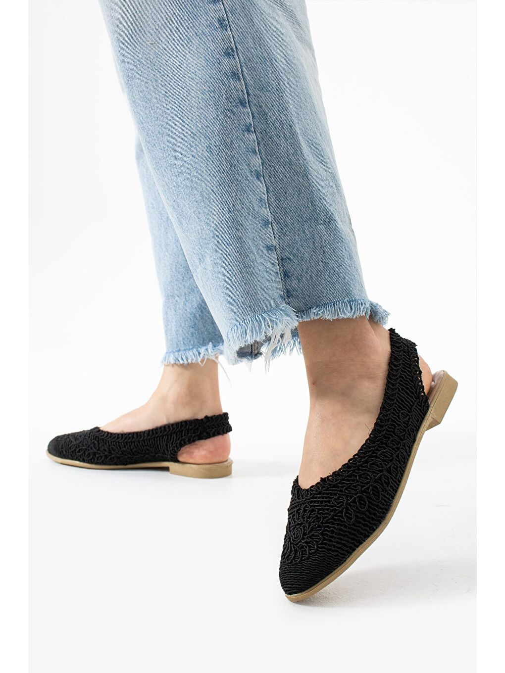 Siyah ELORA Hasır Dantel Babet Kadın Sandalet Yazlık Rahat Ayakkabı-4