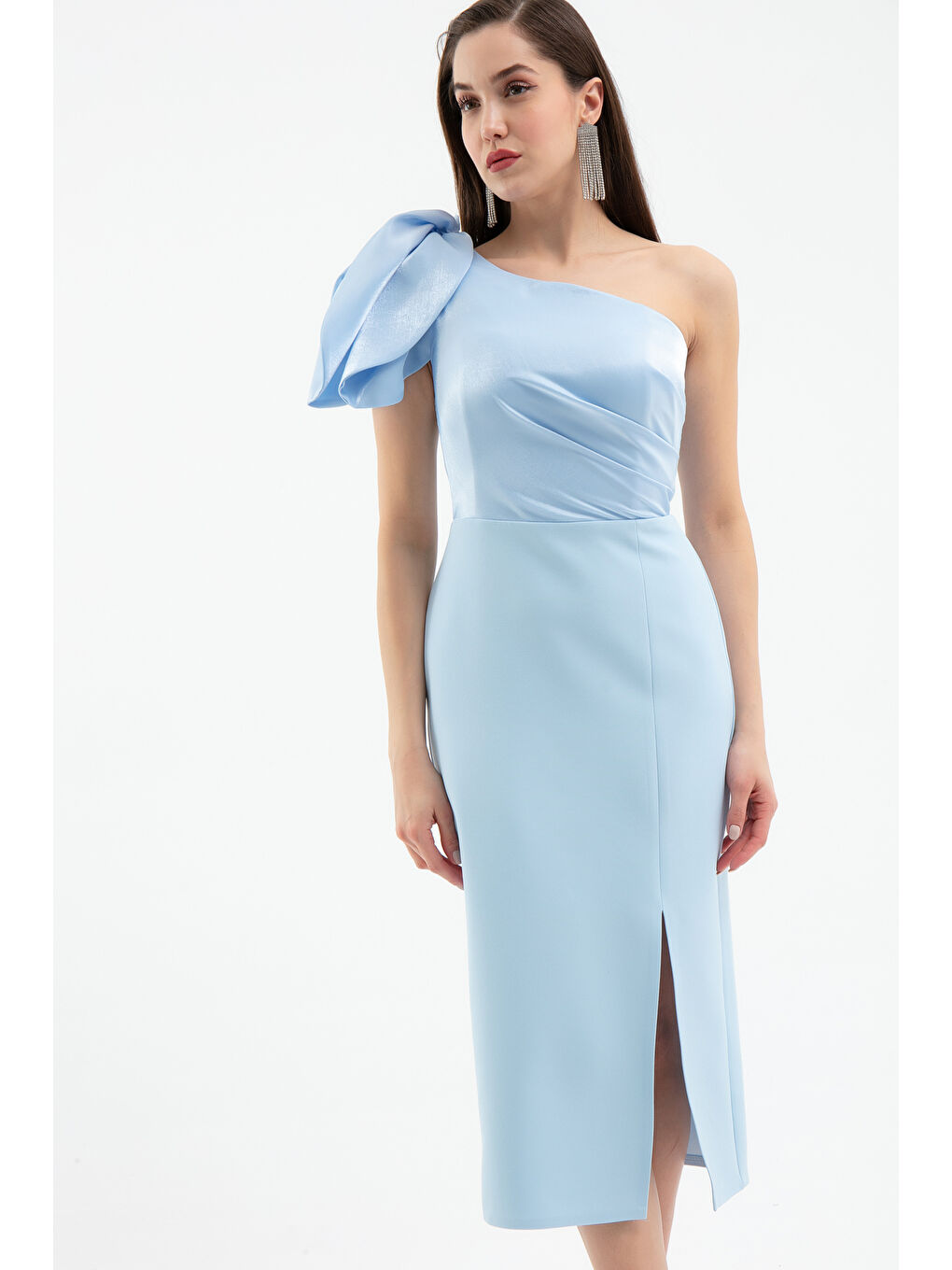 Kadın Bebe Mavi Organze Detay Midi Söz Nişan Nikah Abiye Elbise-1