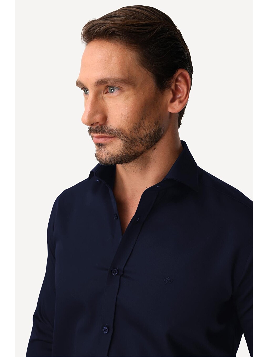 Lacivert Slim Fit Dar Kalıp Klasik Yaka Düz Uzun Kollu Cepsiz %100 Pamuk Non Iron Gömlek-1
