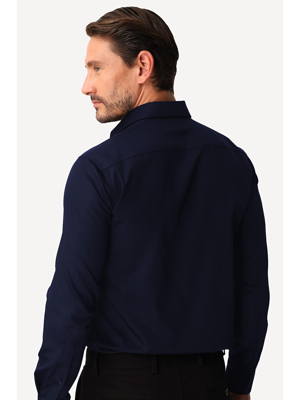 Lacivert Slim Fit Dar Kalıp Klasik Yaka Düz Uzun Kollu Cepsiz %100 Pamuk Non Iron Gömlek-4