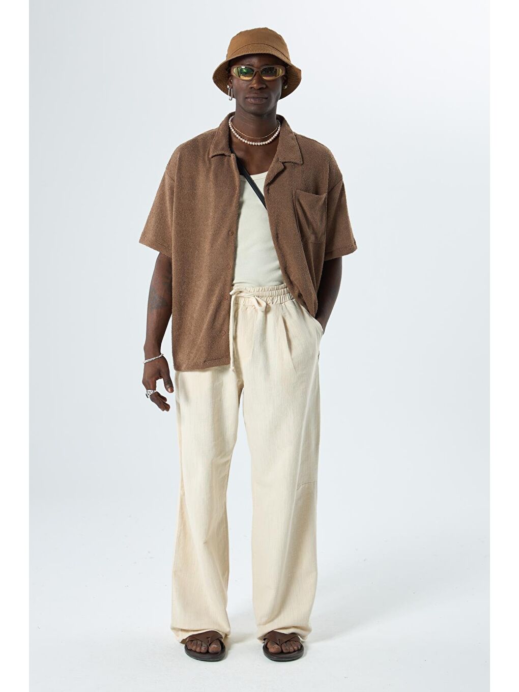 Kahverengi Oversize Havlu Kumaş Kısa Kol Tek Cep Gömlek Kahve