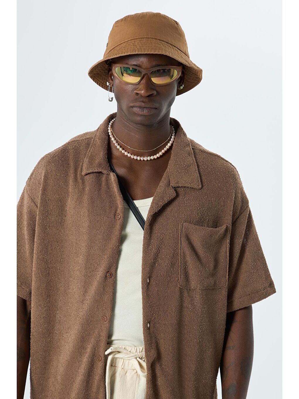 Kahverengi Oversize Havlu Kumaş Kısa Kol Tek Cep Gömlek Kahve-2