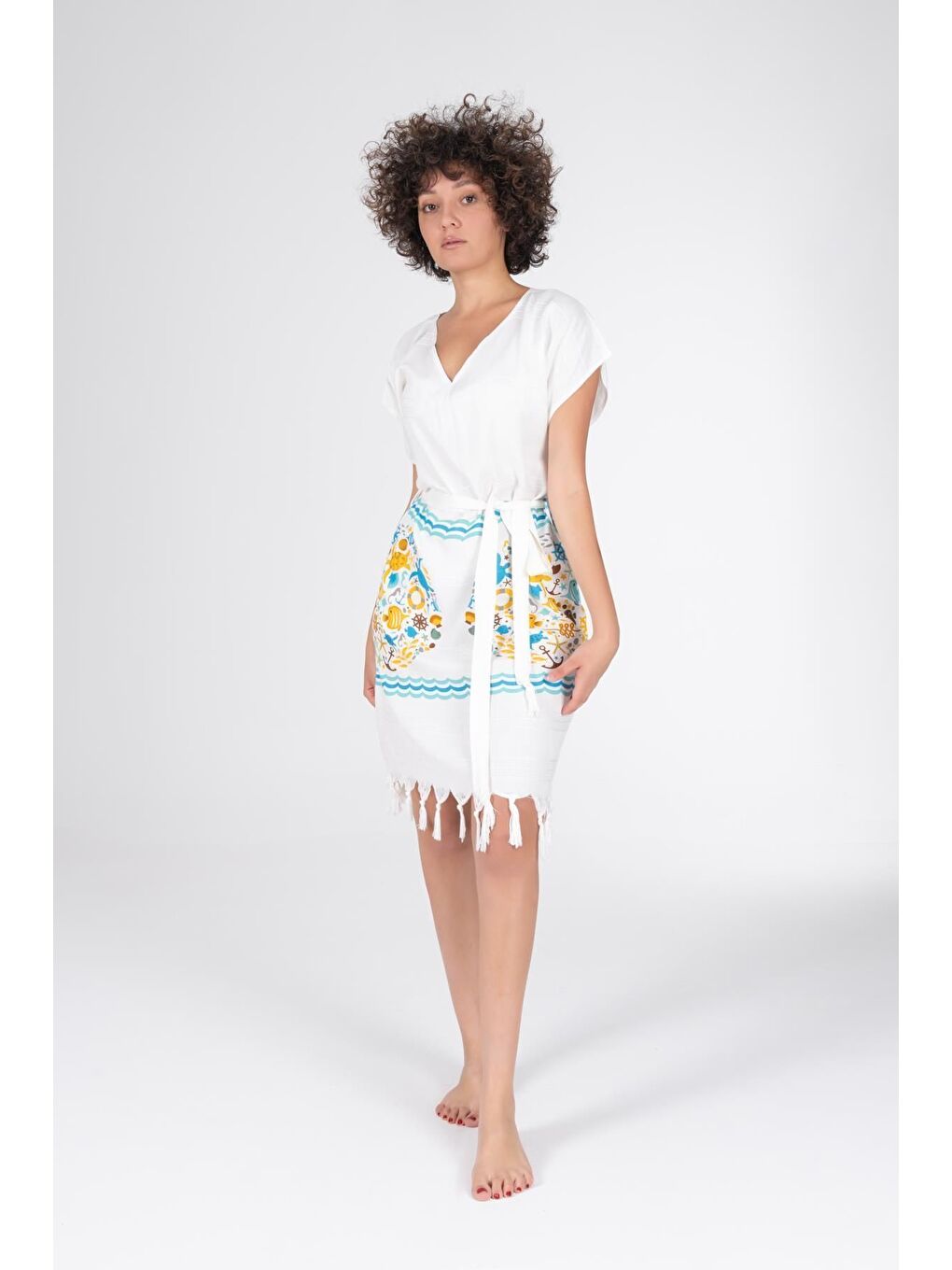 Ekru Baskılı Bambu Plaj Elbisesi