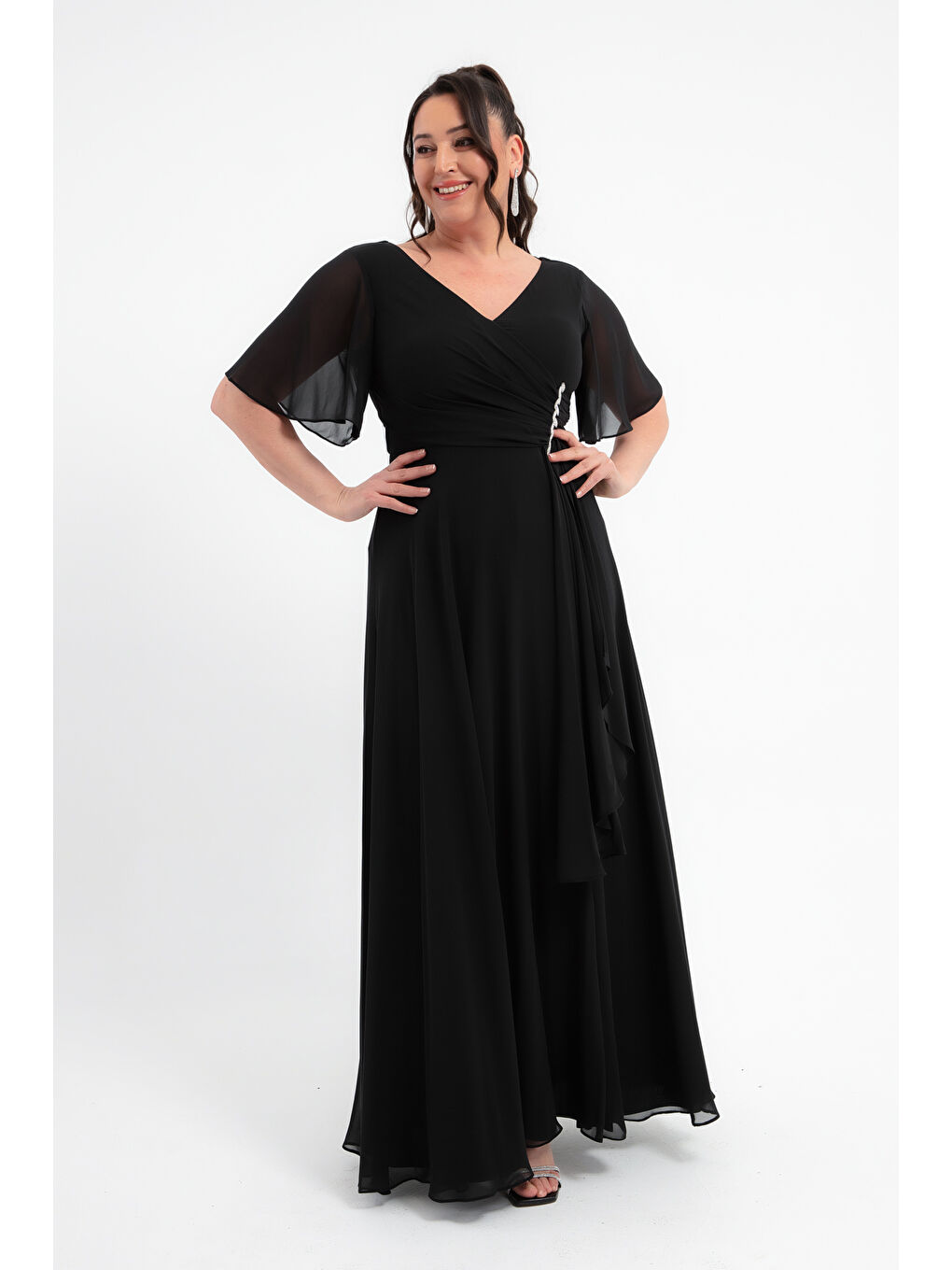 Kadın Siyah V Yaka Taşlı Büyük Beden Uzun Şifon Abiye Elbise-1