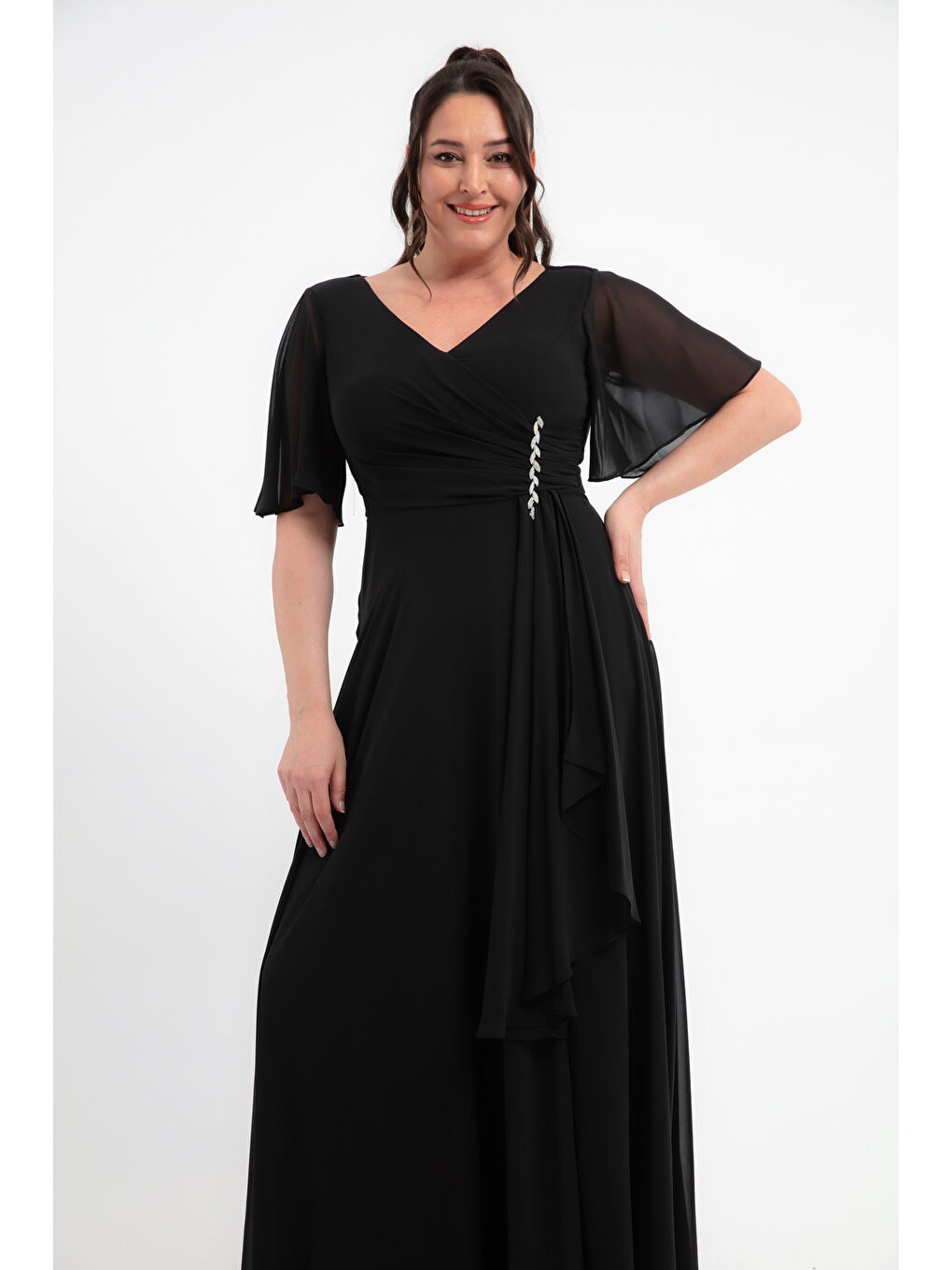 Kadın Siyah V Yaka Taşlı Büyük Beden Uzun Şifon Abiye Elbise-2