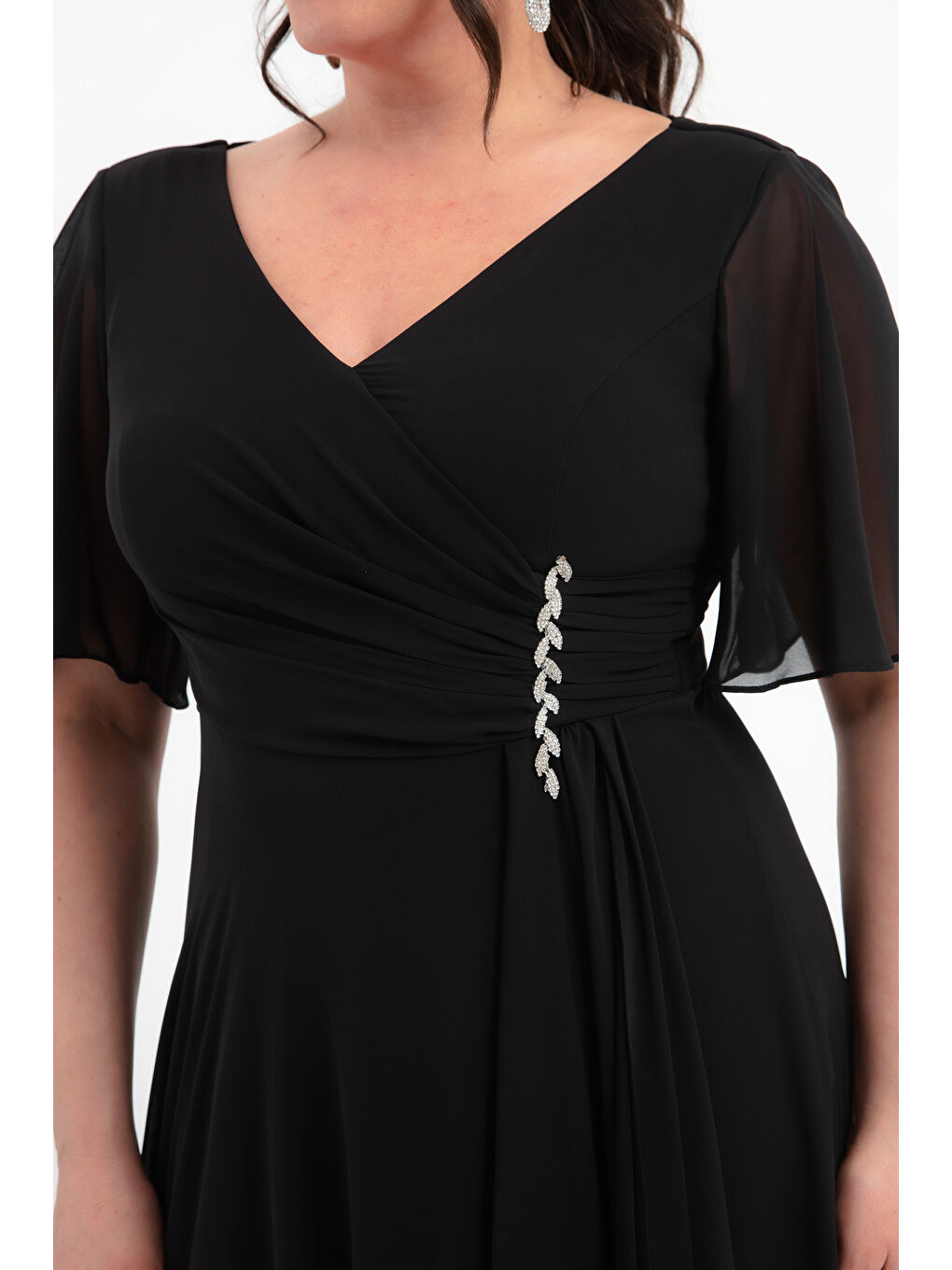 Kadın Siyah V Yaka Taşlı Büyük Beden Uzun Şifon Abiye Elbise-3