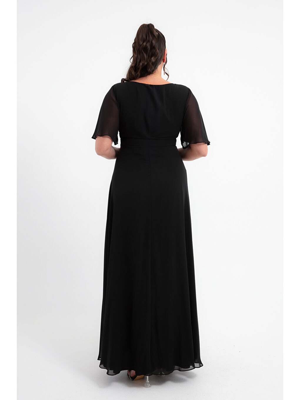 Kadın Siyah V Yaka Taşlı Büyük Beden Uzun Şifon Abiye Elbise-4