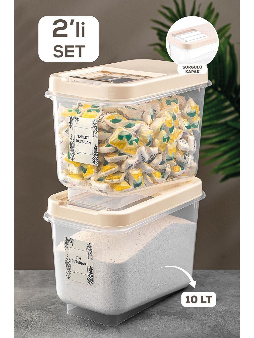 Ekru 2'li Etiketli 10 lt Kayar Kapaklı Deterjan Saklama Kabı tablet Deterjan Saklama Kutusu Krem