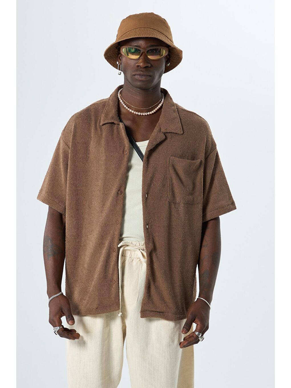 Kahverengi Oversize Havlu Kumaş Kısa Kol Tek Cep Gömlek Kahve-6