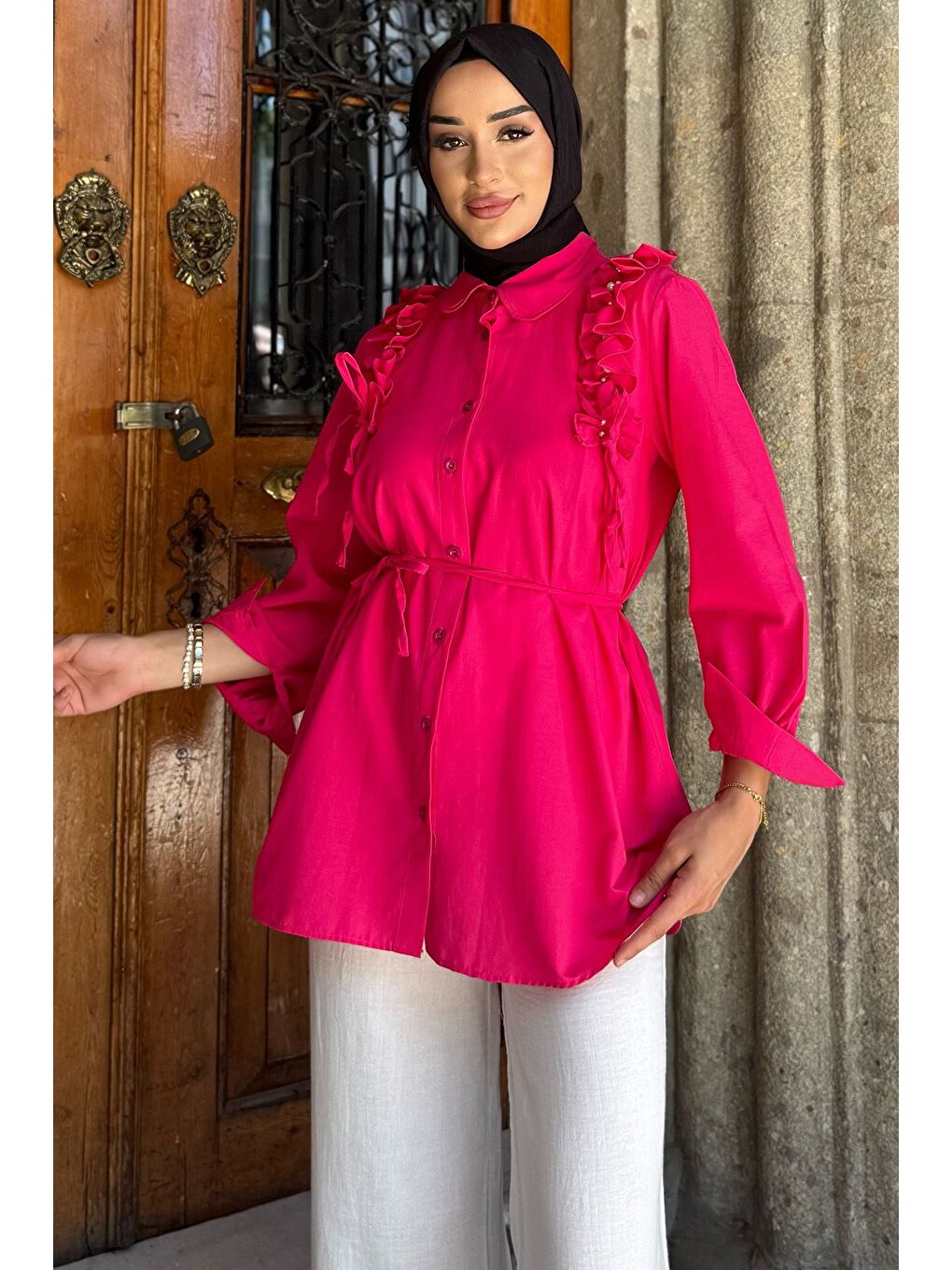 Fuşya Omuz Büzgülü İncili Tesettür Gömlek Tunik-2