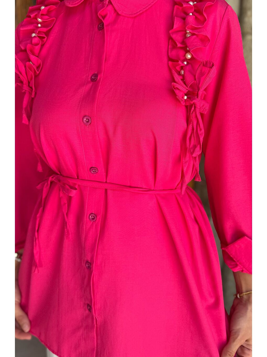 Fuşya Omuz Büzgülü İncili Tesettür Gömlek Tunik-4