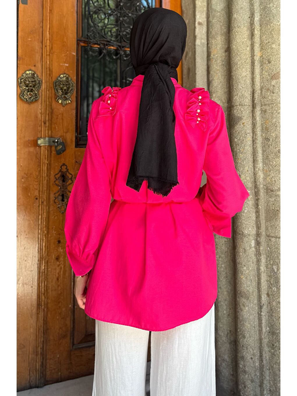 Fuşya Omuz Büzgülü İncili Tesettür Gömlek Tunik-6