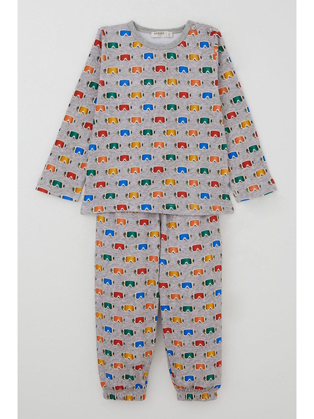 Erkek Çocuk Pijama Takımı Renkli Kayakçı Gözlüğü Desenli Gri Melanj (1-3 Yaş)