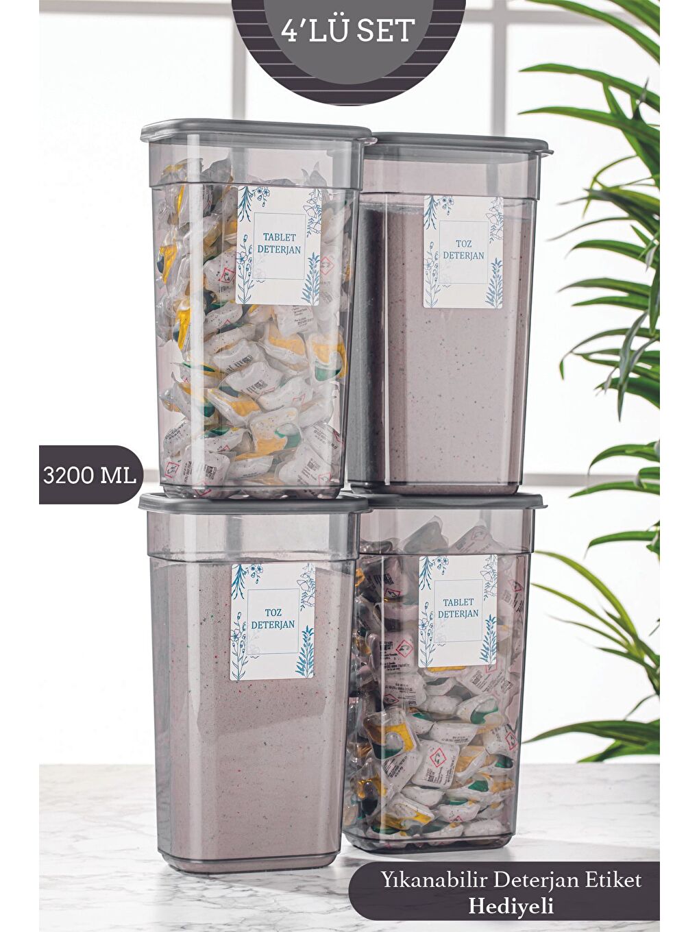 Antrasit 4'lü Clov Mega Boy Etiketli Dikdörtgen Saklama Kabı Toz Ve Tablet Deterjan Saklama Kutusu 3 2 lt