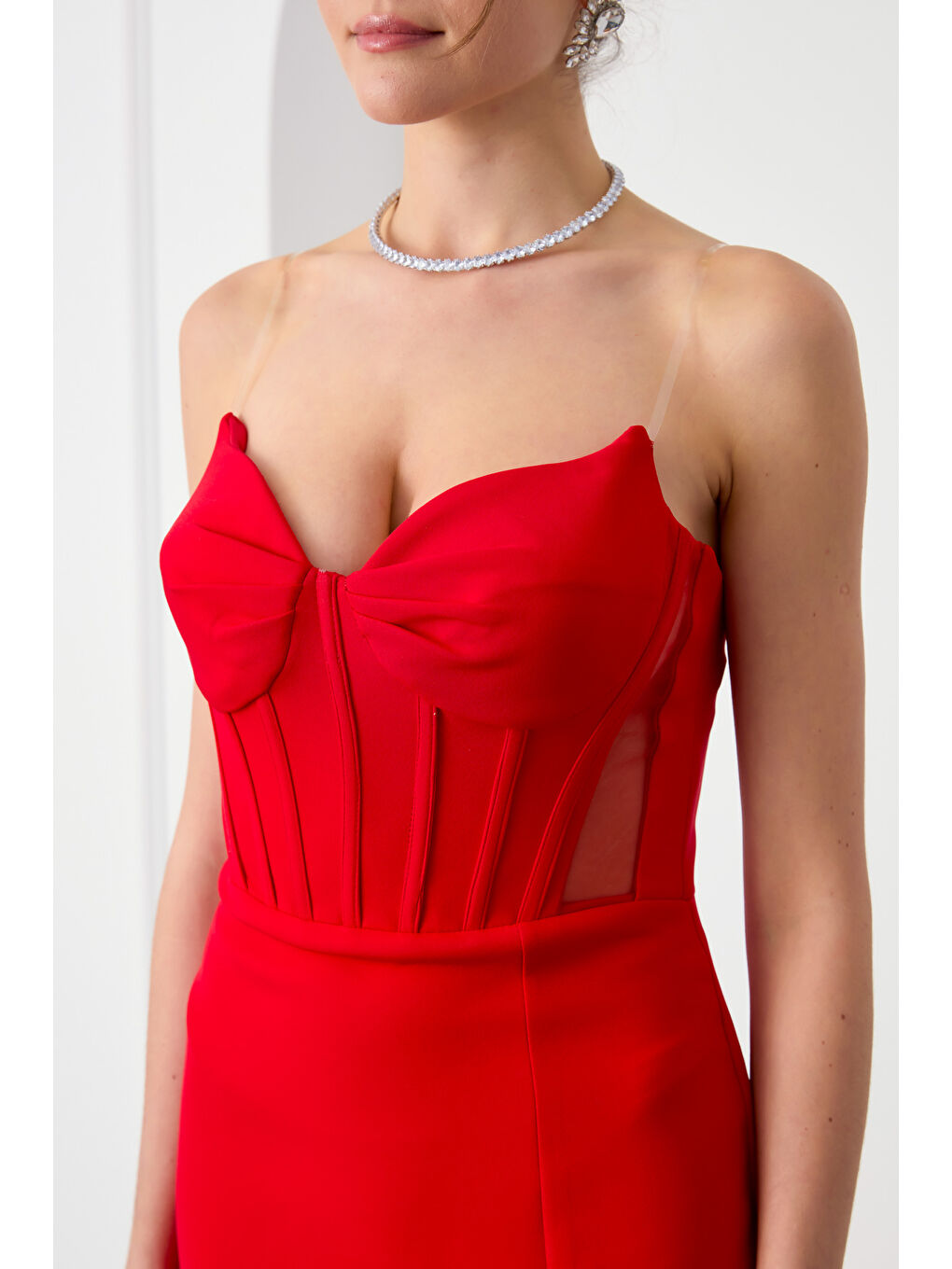 Kadın Kırmızı Kalp Yaka Yırtmaçlı Uzun Balık Abiye Elbise-3