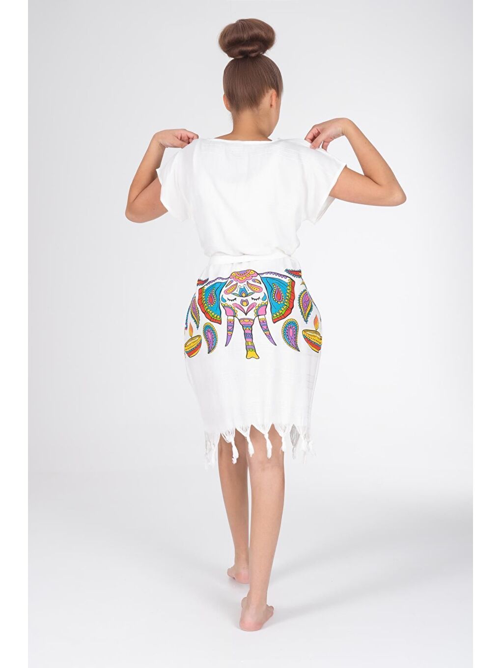 Ekru Baskılı Bambu Plaj Elbisesi-4