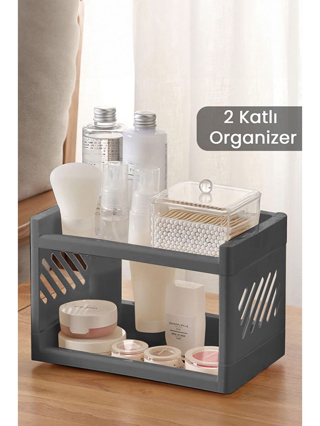 2 Katlı Banyo Düzenleme Organizeri Banyo Depolama Rafı Kozmetik Standı Antrasit