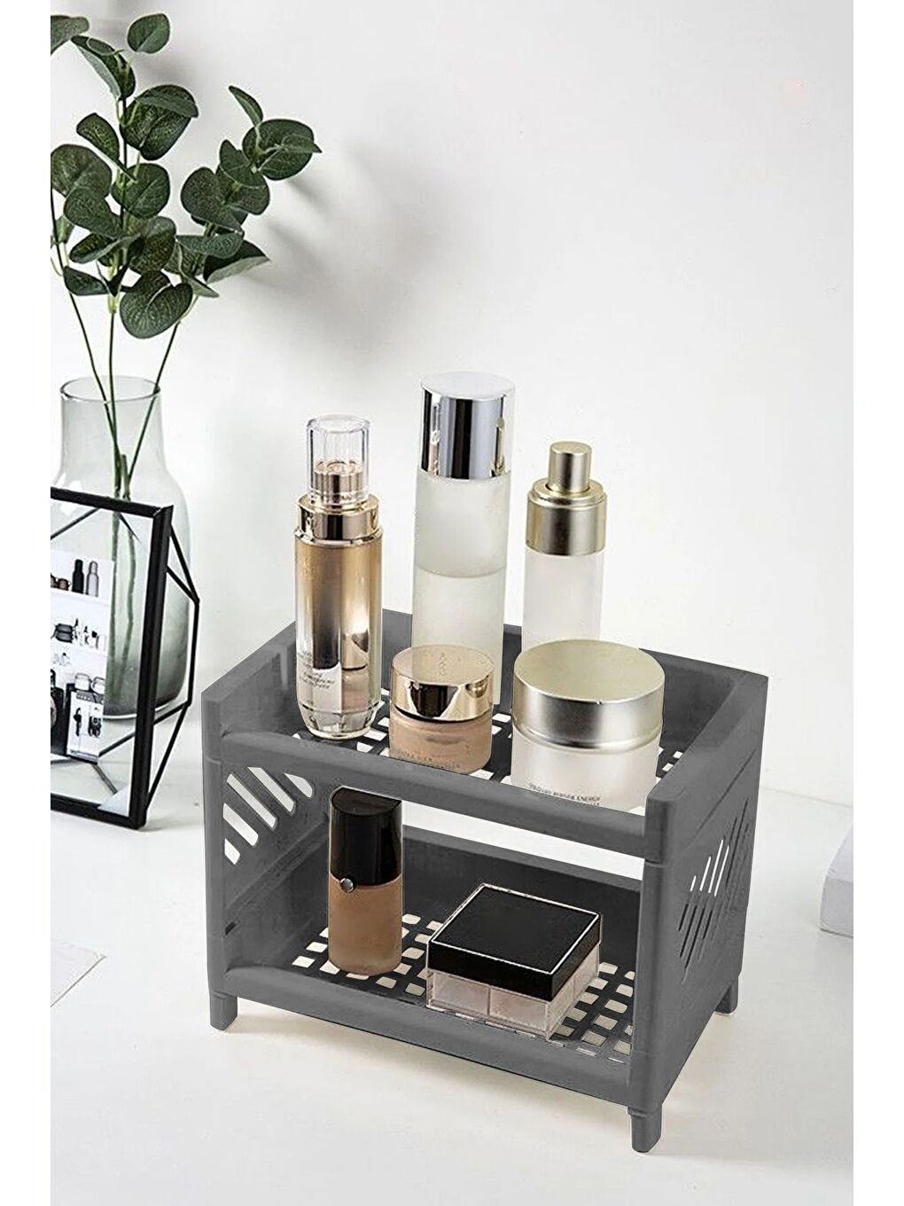 2 Katlı Banyo Düzenleme Organizeri Banyo Depolama Rafı Kozmetik Standı Antrasit-1