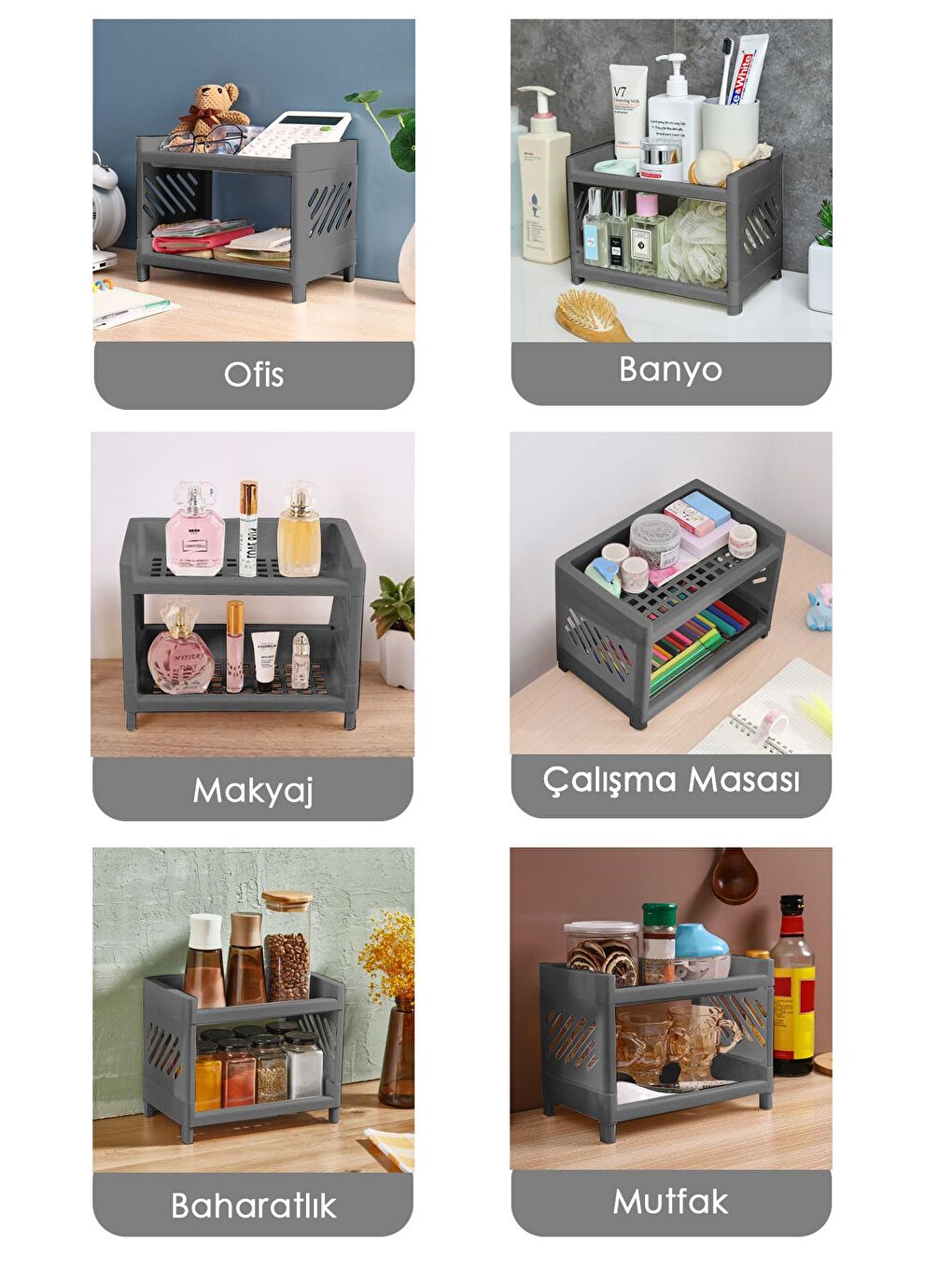 2 Katlı Banyo Düzenleme Organizeri Banyo Depolama Rafı Kozmetik Standı Antrasit-2