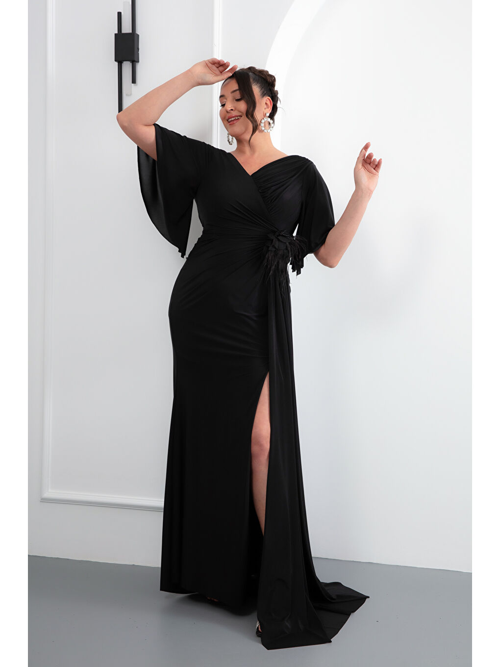 Kadın Siyah Kısa Kol Büyük Beden Uzun Abiye Elbise-1