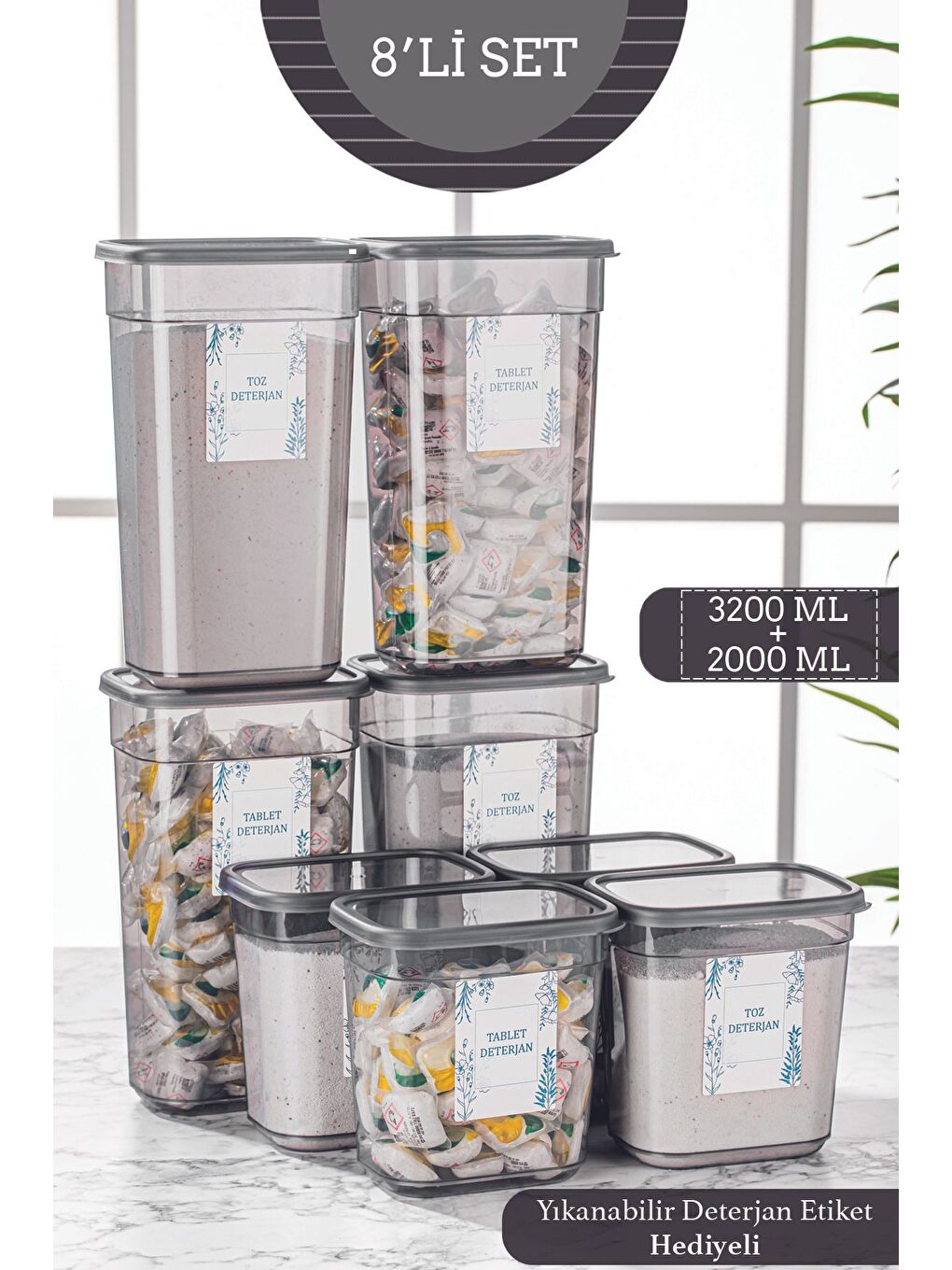 Antrasit 8 Adet Clov Mega Etiketli Toz Ve Tablet Deterjan Saklama Kabı Dikdörtgen Saklama Kutusu 2 lt3 2 lt