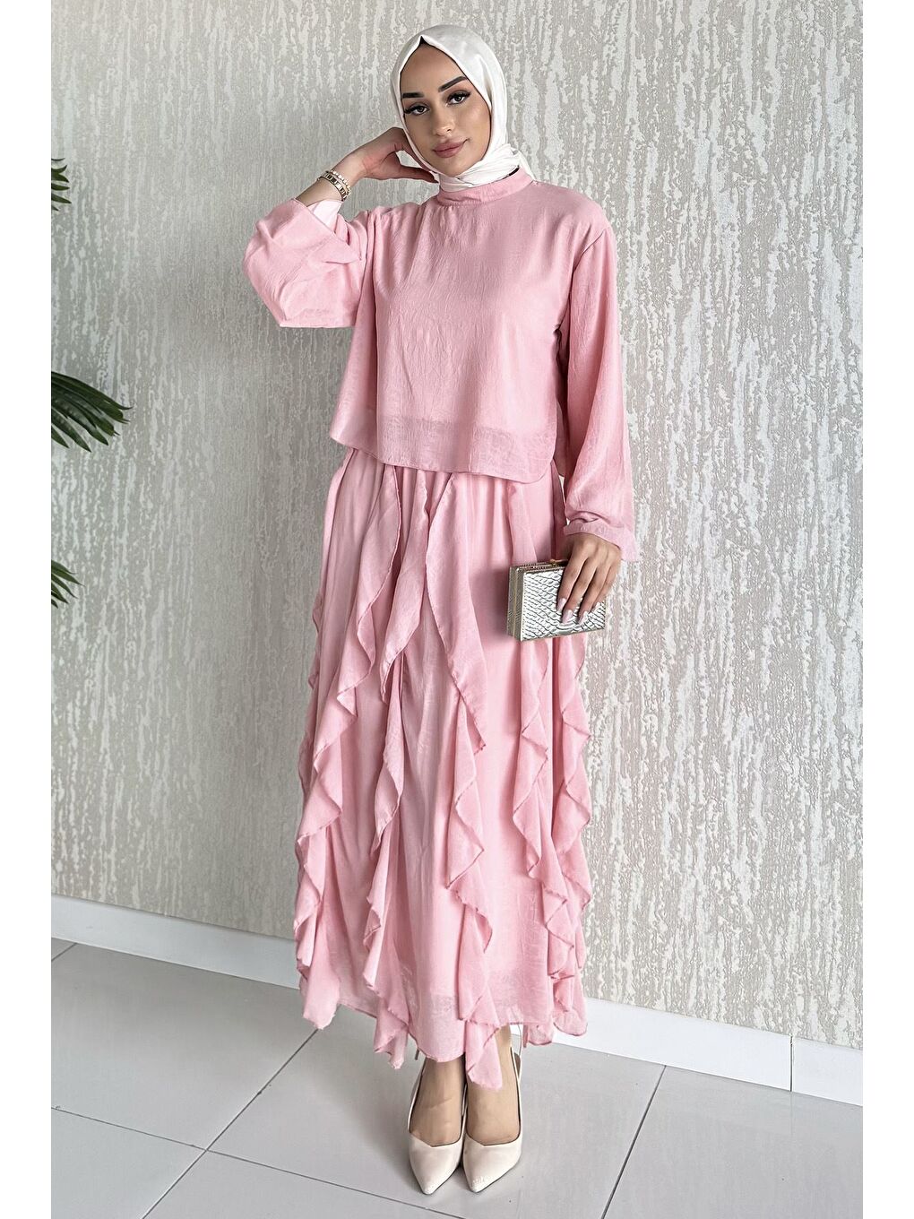Pembe Astarlı Fırfır Detaylı Şifon Etek Bluz İkili Takım-2