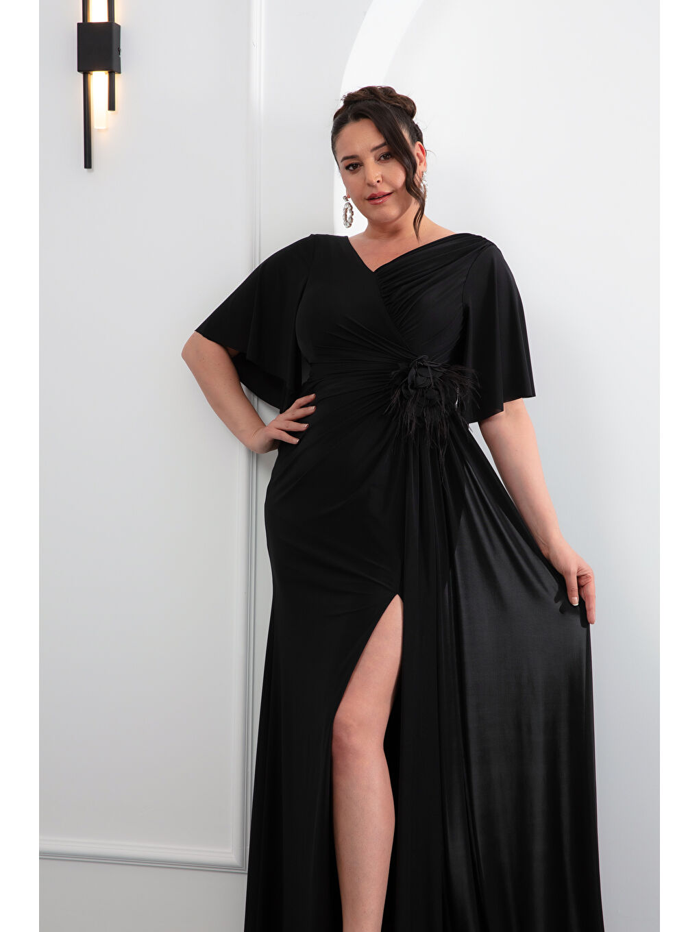 Kadın Siyah Kısa Kol Büyük Beden Uzun Abiye Elbise-2