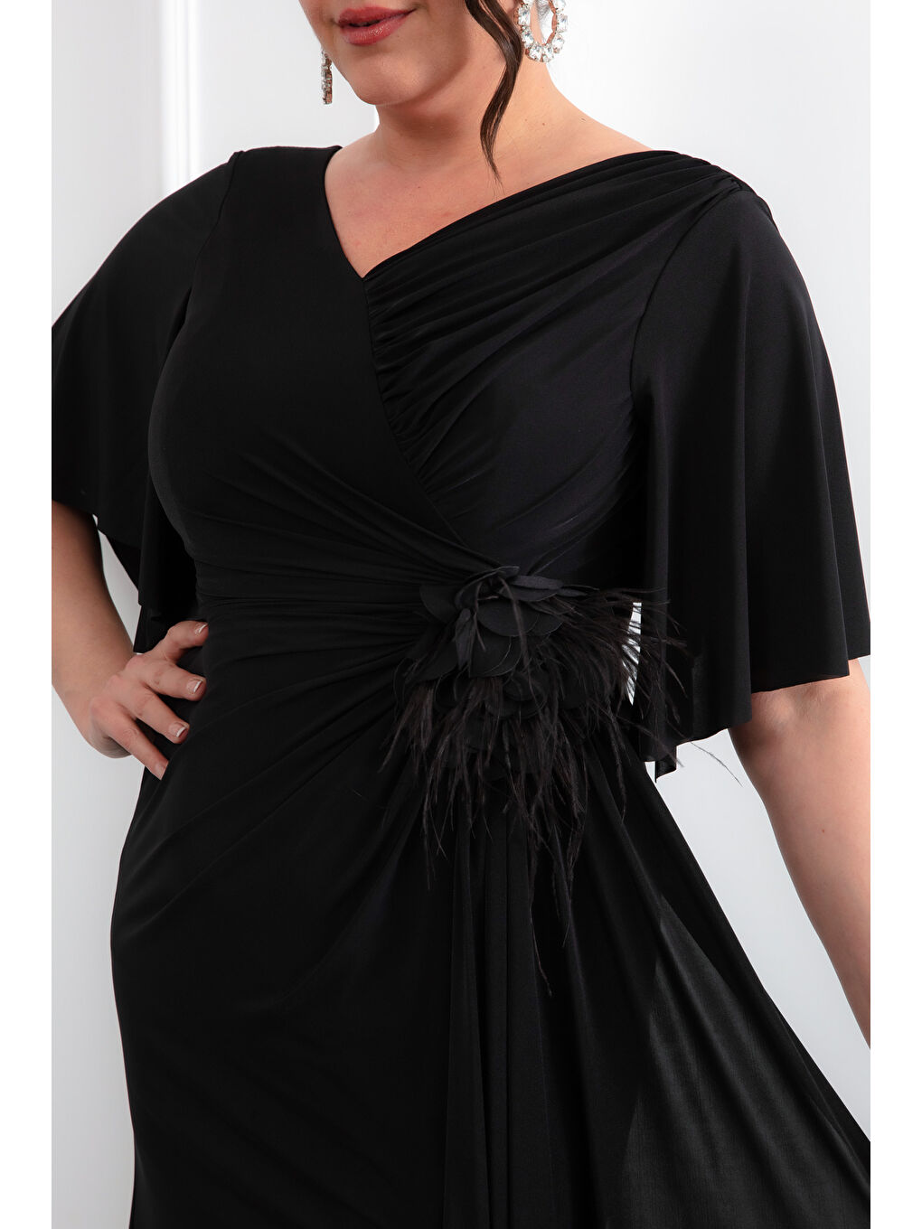 Kadın Siyah Kısa Kol Büyük Beden Uzun Abiye Elbise-3