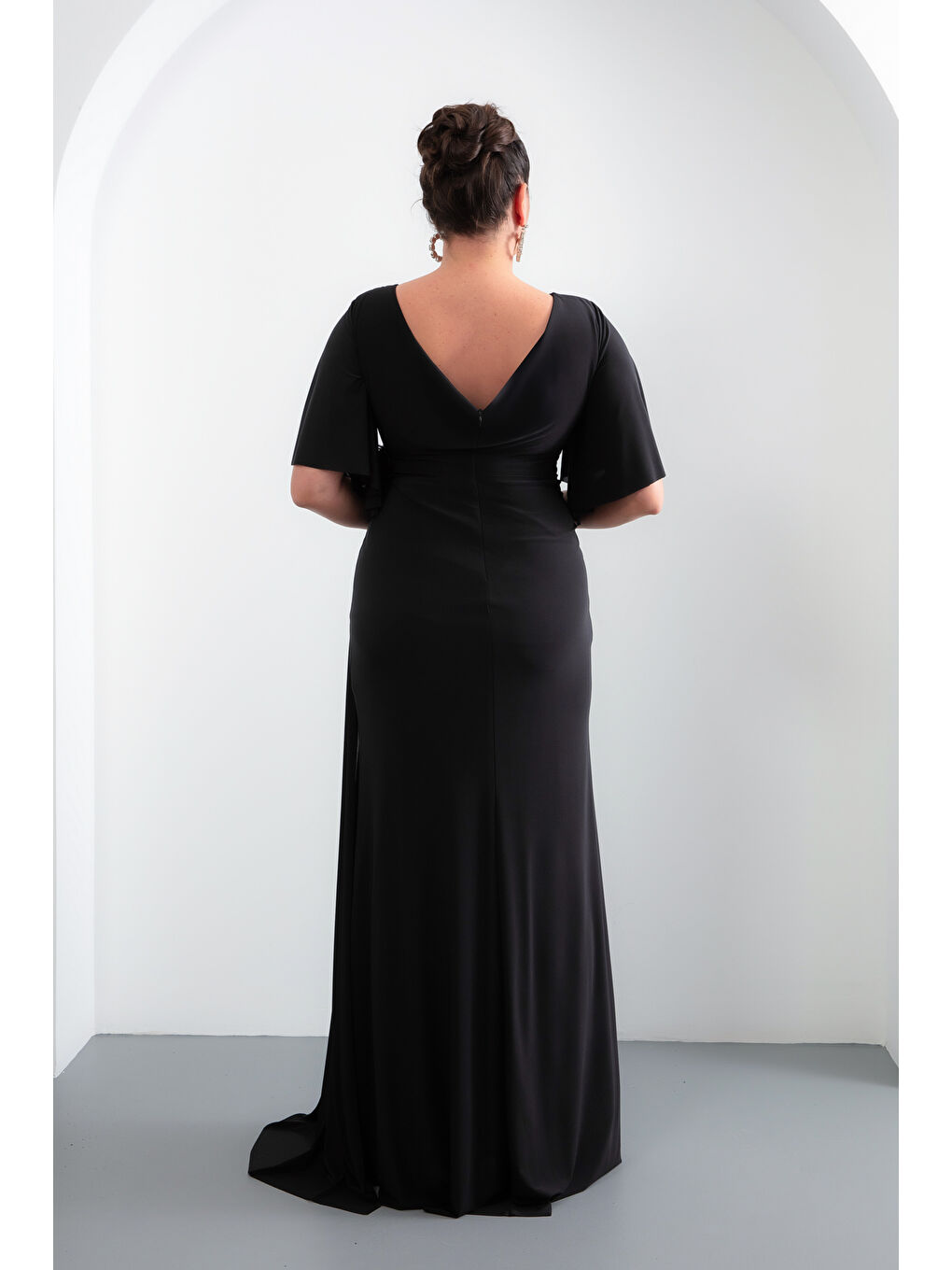 Kadın Siyah Kısa Kol Büyük Beden Uzun Abiye Elbise-4