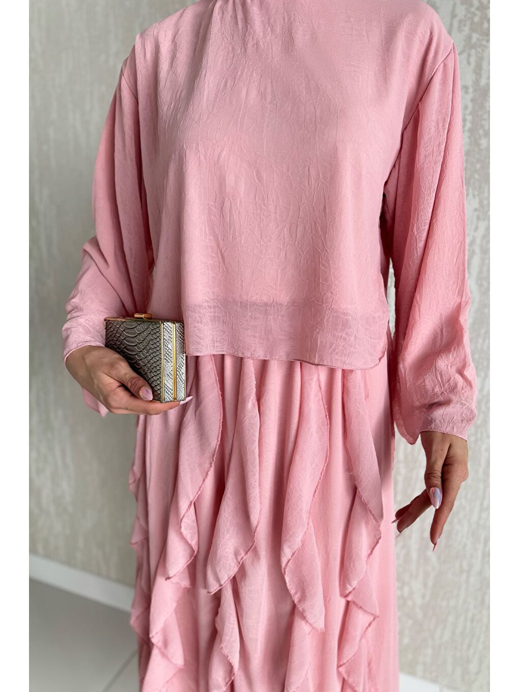 Pembe Astarlı Fırfır Detaylı Şifon Etek Bluz İkili Takım-5