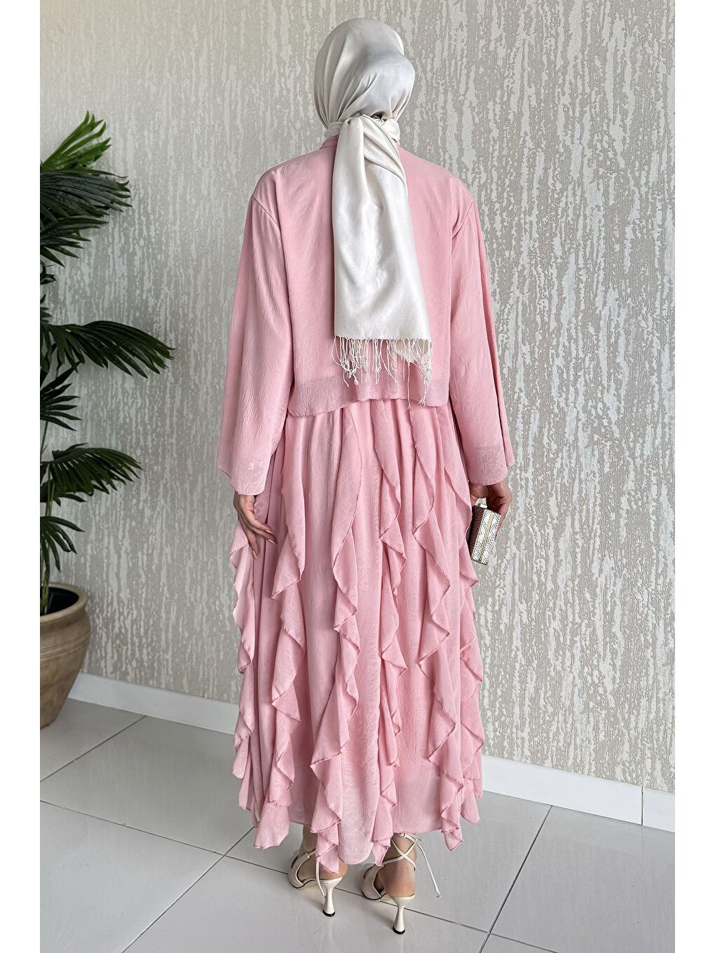 Pembe Astarlı Fırfır Detaylı Şifon Etek Bluz İkili Takım-6