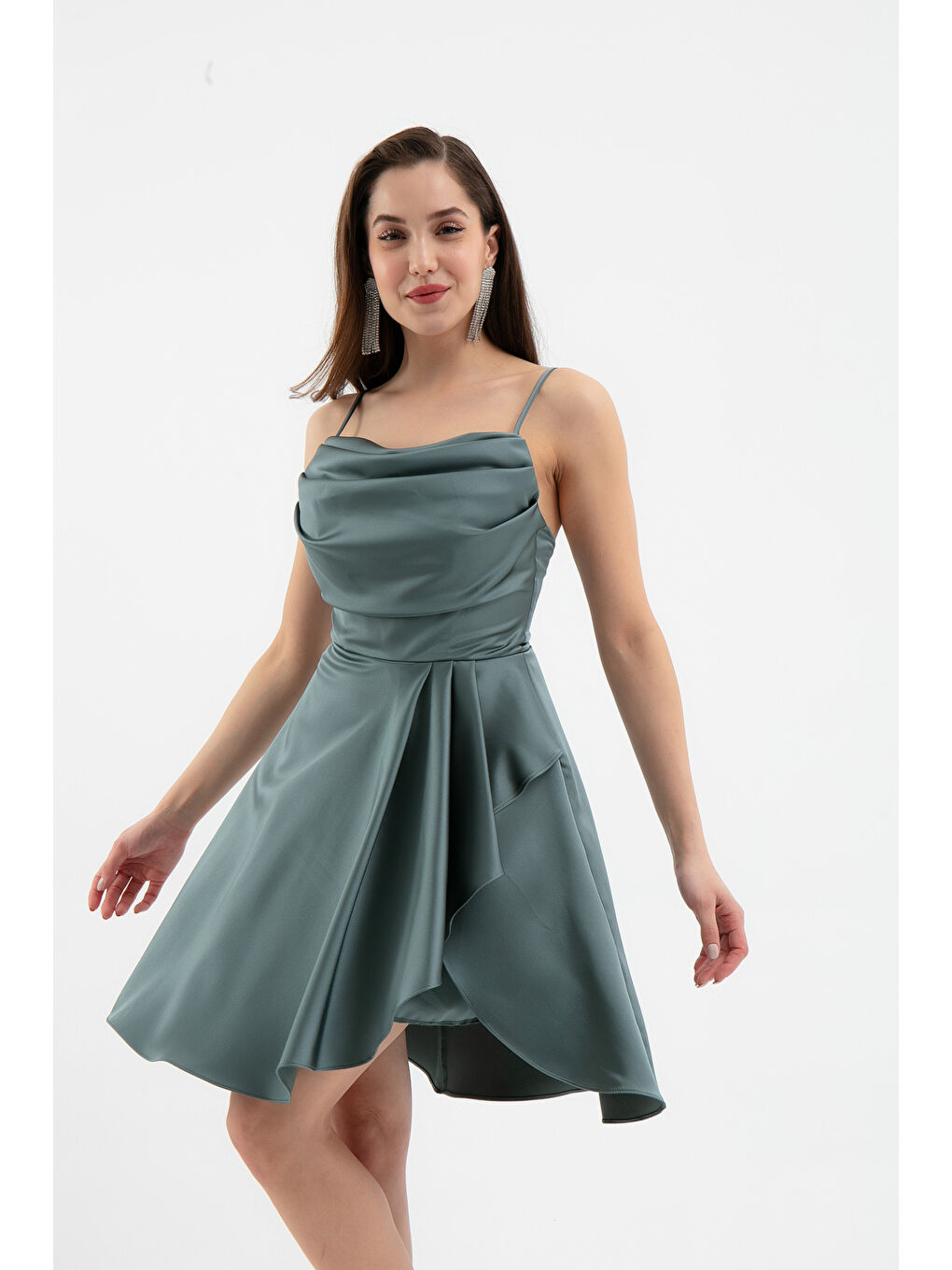 Mavi Kadın Firuze Volanlı Yırtmaçlı Kısa Saten Abiye & Mezuniyet Elbisesi-2