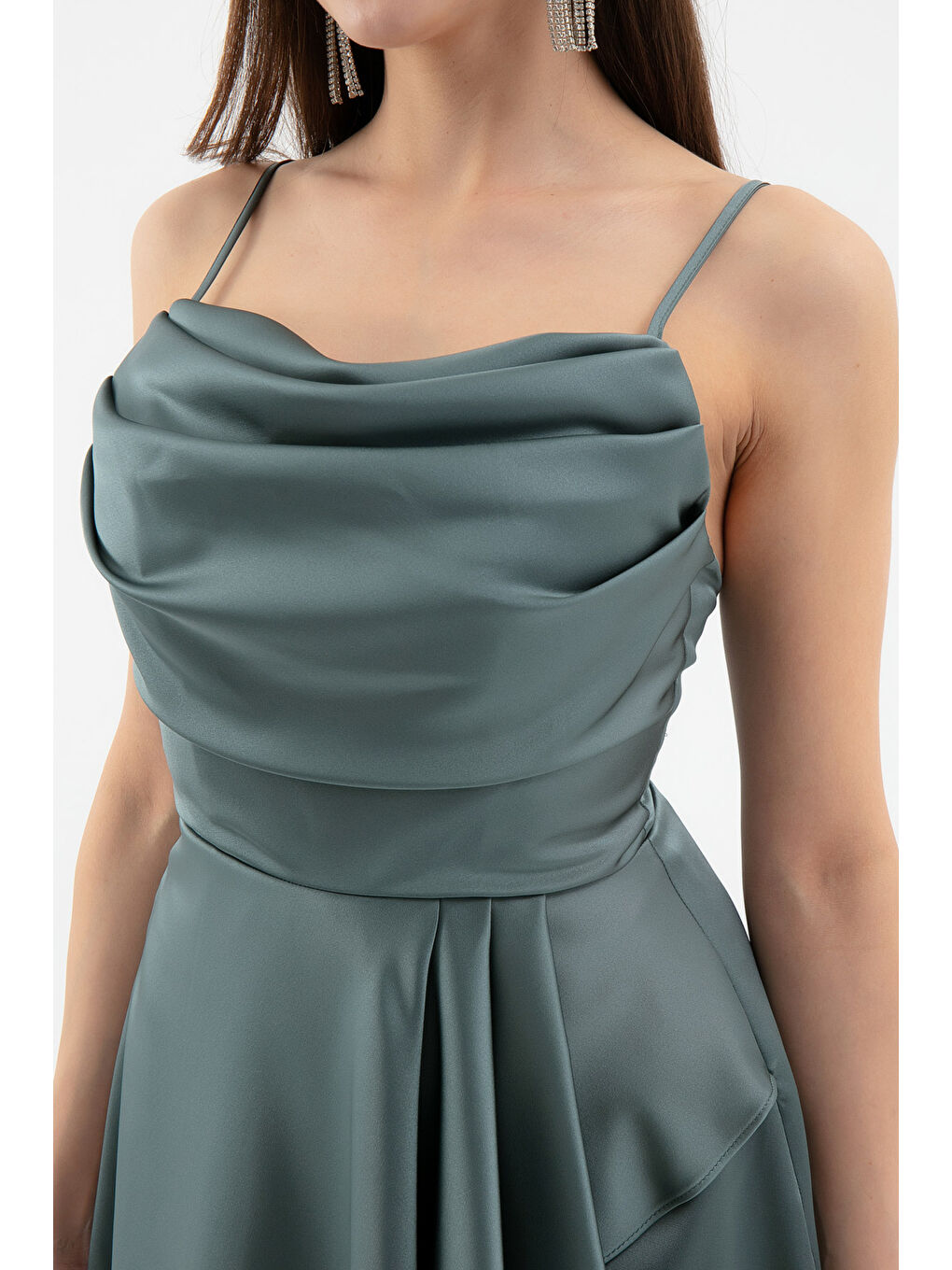 Mavi Kadın Firuze Volanlı Yırtmaçlı Kısa Saten Abiye & Mezuniyet Elbisesi-3