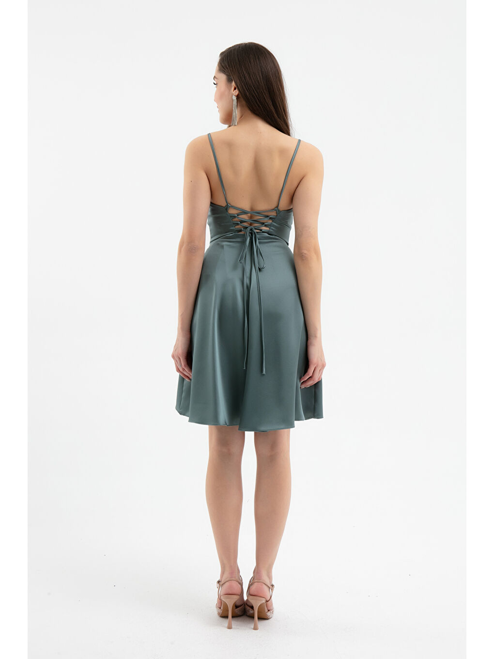 Mavi Kadın Firuze Volanlı Yırtmaçlı Kısa Saten Abiye & Mezuniyet Elbisesi-4