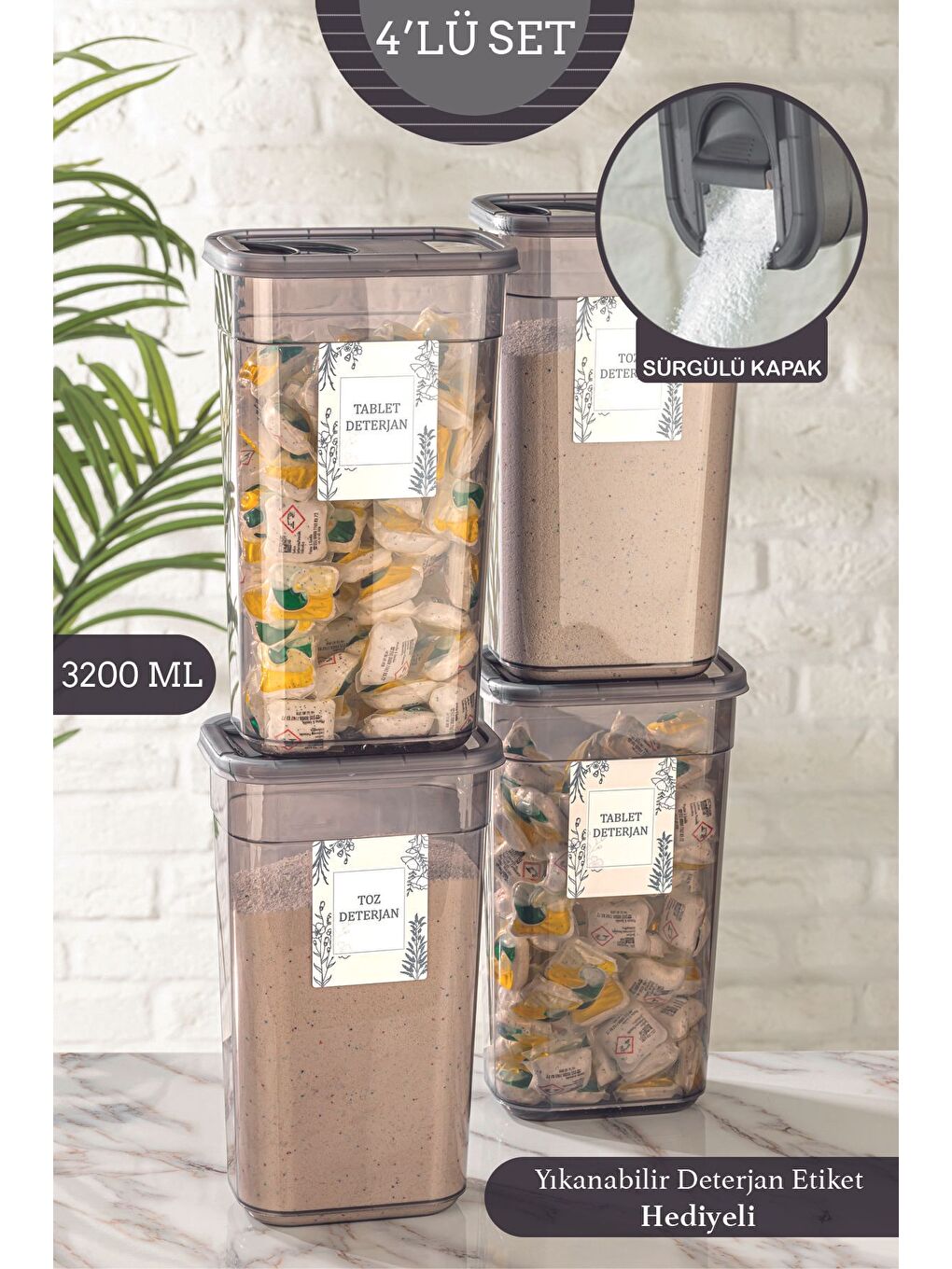 Antrasit 4'lü Sürgülü Kapaklı Leaf Tablet Deterjan Saklama Kabı Etiketli Dikdörtgen Saklama Kutusu 3 2 lt