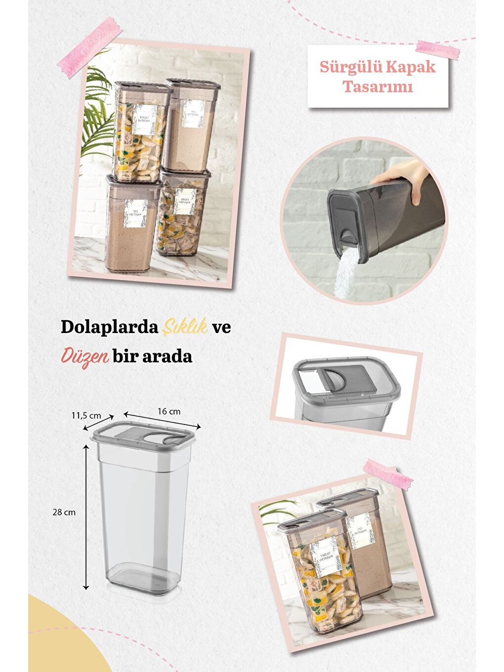 Antrasit 4'lü Sürgülü Kapaklı Leaf Tablet Deterjan Saklama Kabı Etiketli Dikdörtgen Saklama Kutusu 3 2 lt-1