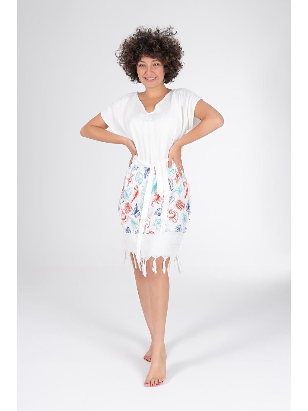 Ekru Baskılı Bambu Plaj Elbisesi-1
