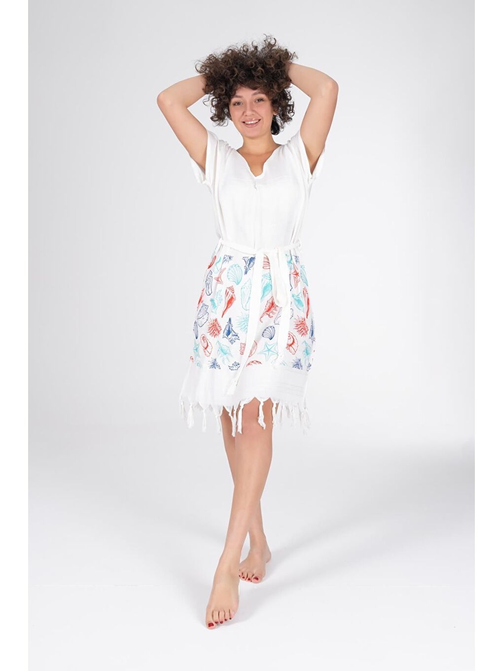 Ekru Baskılı Bambu Plaj Elbisesi-2