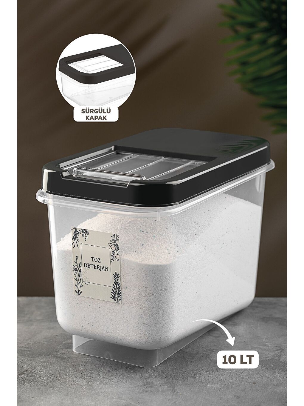 10 lt Kayar Kapaklı Deterjan Saklama Kabı Etiketli Tablet Deterjan Saklama Kutusu Antrasit-1