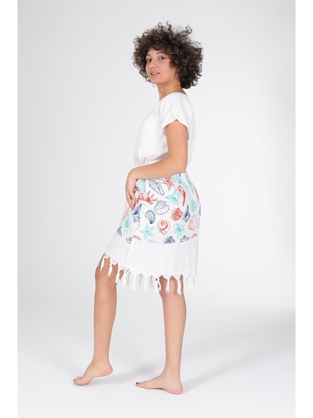 Ekru Baskılı Bambu Plaj Elbisesi-3