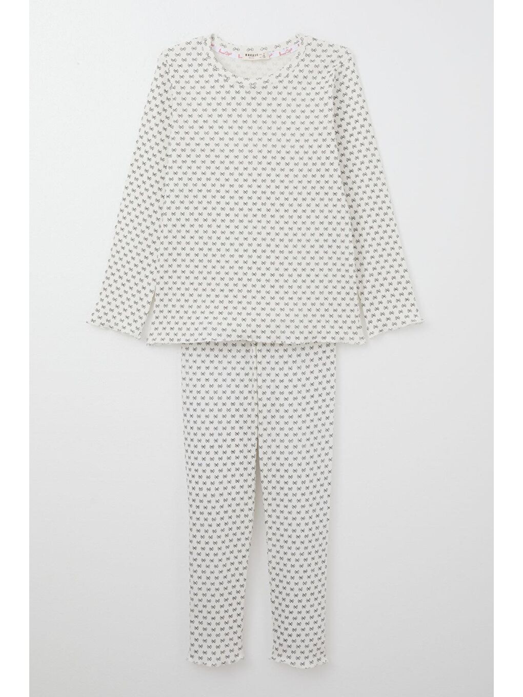 Kız Çocuk Pijama Takım Fiyonk Desenli Ekru (5-6 Yaş)