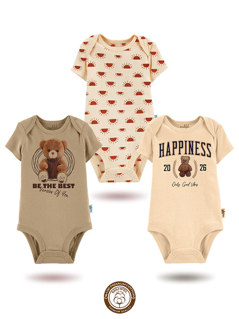 Sarı 3'lü %100 Pamuklu Organik Baskılı Kısa Kollu Çıtçıtlı Bebek Body Zıbın 780-839